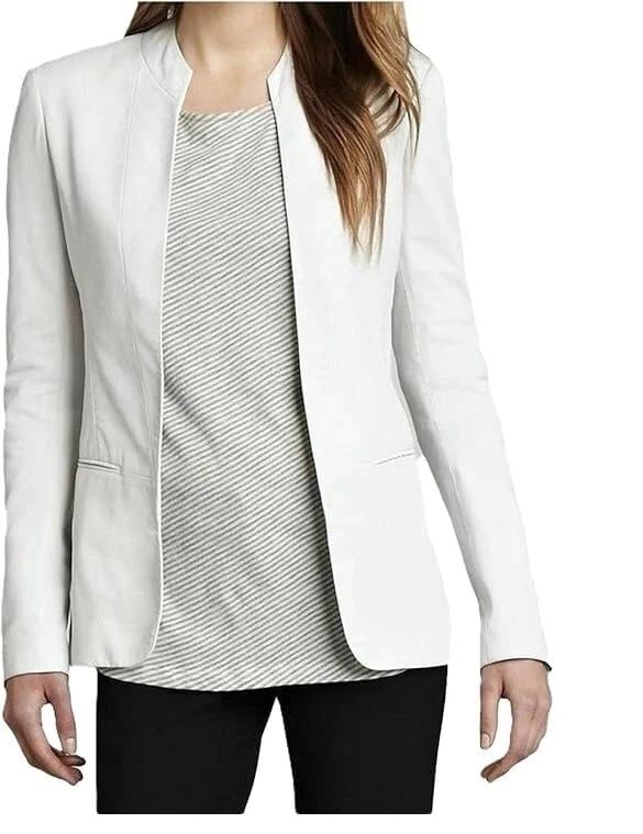 NEMS Womens Pure Lambskin White Leather Blazer Soft Luxe Open Front Genuine Leather Jacket