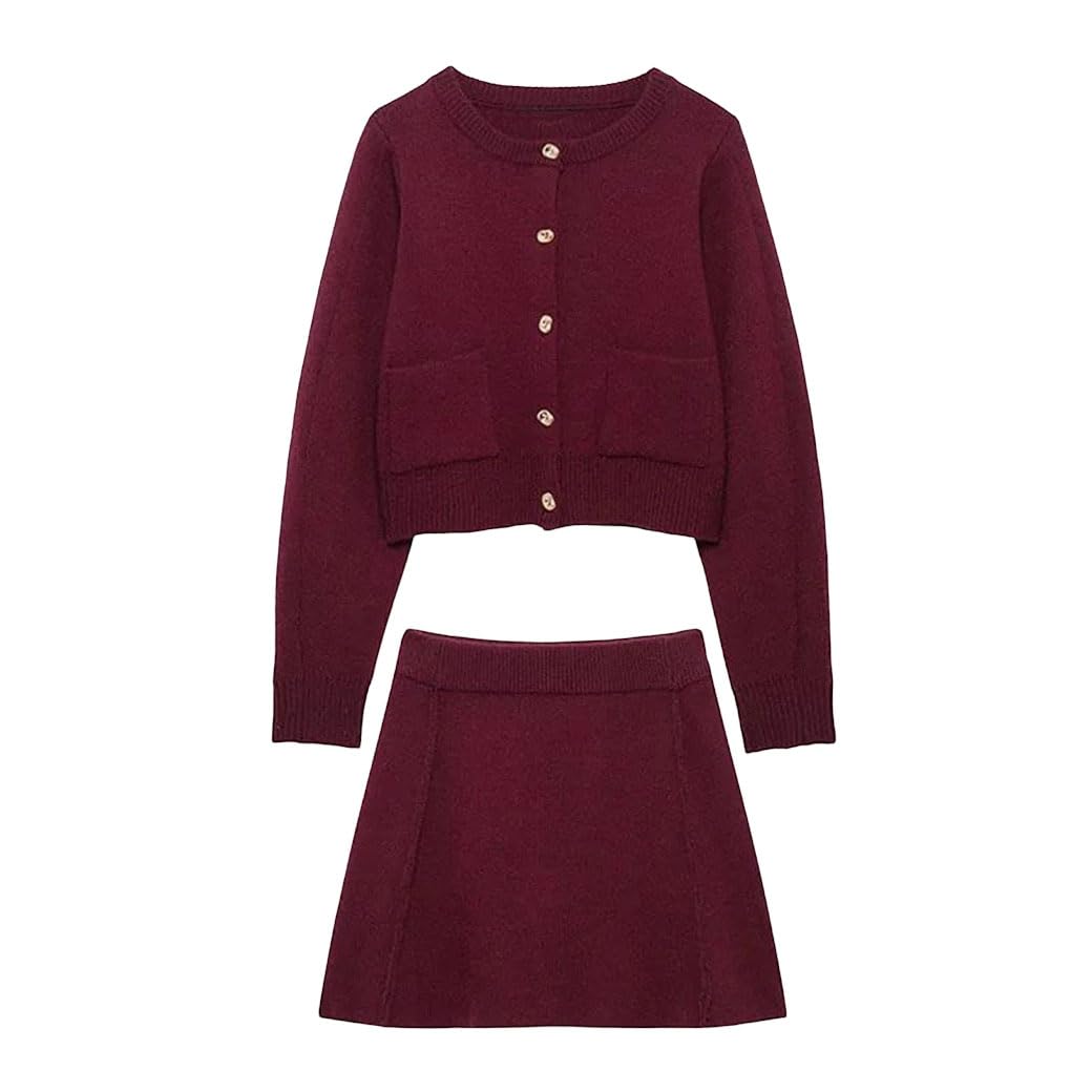 Womens Knit Skirt Suit Crewneck Long Sleeve Single Breasted Top with Elastic Waist Mini Skirt Slim Fit 2