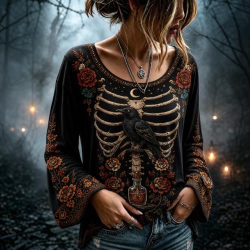 Womens Halloween Shirts Vintage Skeleton Crew Neck Bell Sleeve Shirt - image 2