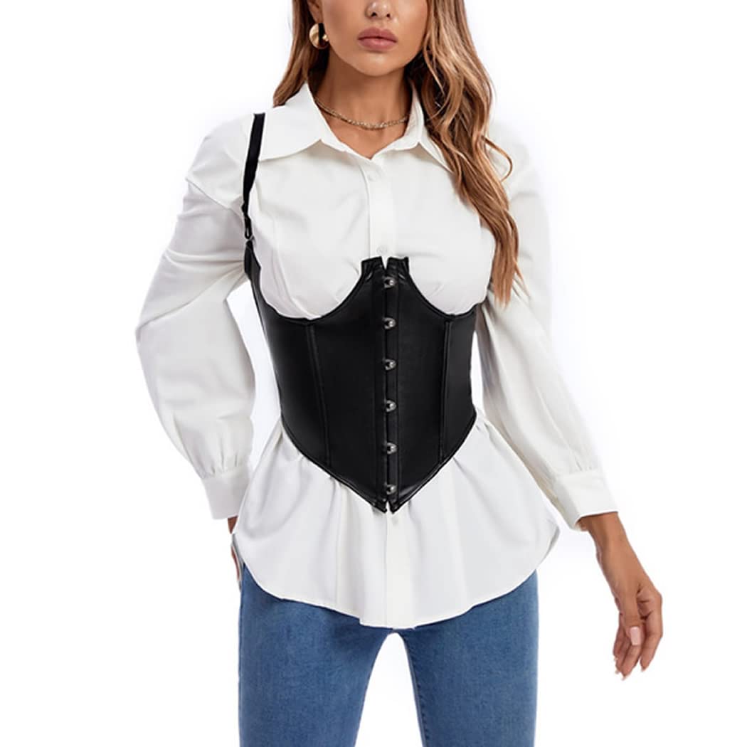 DISSA Corset Sous Poitrine Similicuir avec Bretelles | Similicuir, sous poitrine, fermeture busk avant, bretelles réglables, ruban laçage arrière, baleines plastiques