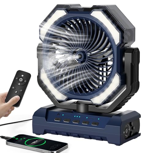 covozon Misting Fan Portable, 20000mAh Rechargeable Battery Powered Camping Fan with Light, Personal USB Battery Operated with Hook & 250mL Water Tank for Outdoor, Tents, Beach, Travel.