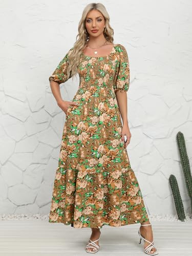Image of Lyrur Summer Boho Smocked Maxi Dresses for Women Casual Puff Sleeve Square Neck A Line Tiered Ruffle Ankle Length Dress