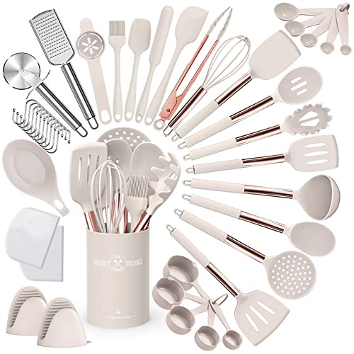 Umite Chef Silicone Kitchen Cooking Utensil Set, 43 Pcs Spatula Utensils Set With Rose Gold Stainless Steel Handle, Non-Stick Heat Resistant - Best Cookware Set-(Khaki) #TOP11