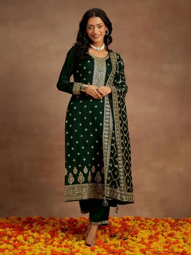 Image of Libas Womens Embroidered Silk Blend Straight Kurta With Trousers and Dupatta | ethnic wear | bridal suit | wedding dress | occasion wear