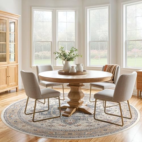 Round Rug Living Room Rugs: 5Ft Washable Boho Neutral Large Circle Soft Indoor Distressed Stain Resistant Floor Farmhouse Carpet for Bedroom Nursery Kids Playroom Office Dining Room Dorm- Beige Blue