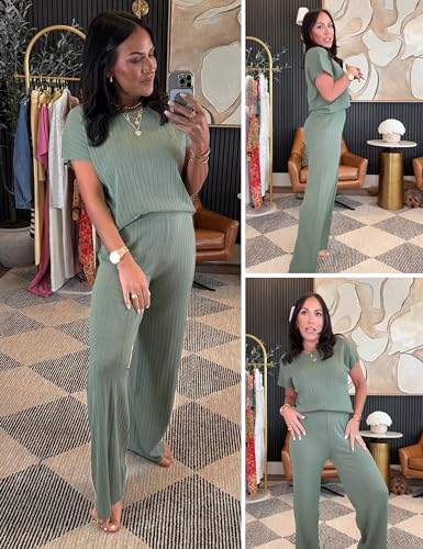 LTSCNRM Womens 2two Piece Outfits Crochet Sets Casual Knit Sweater Crewneck Short Sleeve Tops Wide Leg Pants4