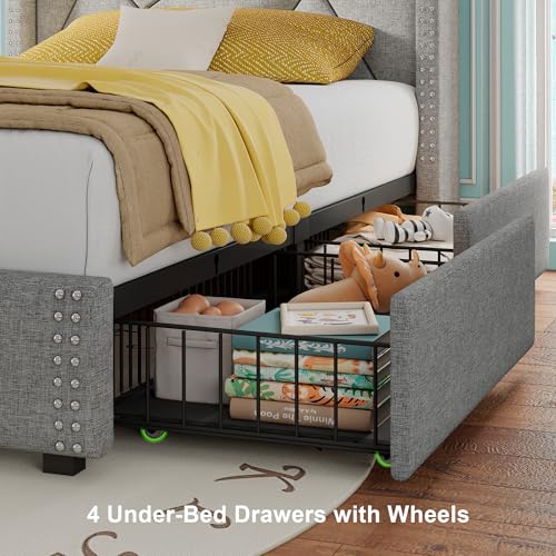 Feonase Upholstered Storage Bed Frame Twin Size with 4 Drawers, Platform Bed with Charging Station & Wingback Headboard, Solid Wood Slats Support, Light Gray