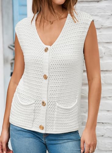 Image of EVALESS Casual Cropped Crochet Cardigan Sweaters for Women Trendy Summer V Neck Sleeveless Sweater Vest Button Up Cardigans