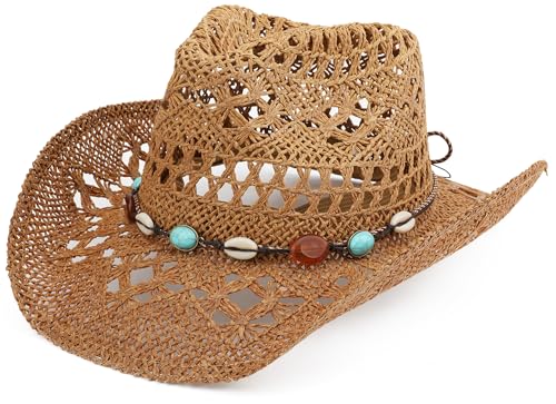 Melesh Straw Cowboy Hat for Women and Men with Shapeable Wide Brim Sun Beach Western Cowgirl Hat (US Alpha One Size Khaki-M)