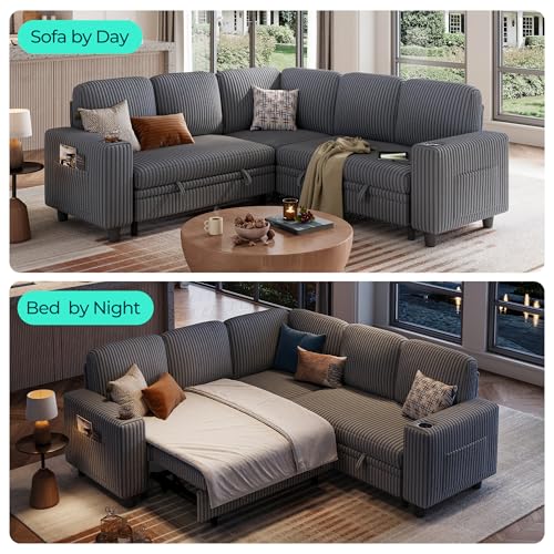 Image of LINSY HOME Sectional Sleeper Sofa with Pull Out Couch Bed - Convertible Plush Corduroy Cloud Couch with Storage Chaise & USB Charging, Comfy L Shaped Modular Couches for Living Room Apartment (Grey)