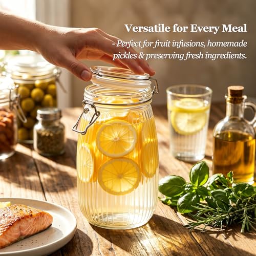 Image of ComSaf Ribbed Glass Jars with Airtight Lids 51oz 3 Pack Wide Mouth Bulk | BPA-free food-grade glass, ribbed texture, bulk flour & rice, deep cabinet fit, one-hand latch, pantry organization