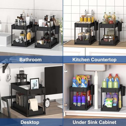Image of 2 Tier Under Sink Storage Organizer with Hooks | Pull Out Cabinet Rack for Kitchen & Bathroom | Multi-Purpose Under Sink Storage Shelf for Kitchen Cabinets & Bathroom Counter
