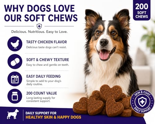 Dog Itchy Skin Support Chews, Skin & Coat Health Supplement for Dogs with Fish Oil, Krill Oil, Zinc & Vitamins, Soft Chews for Dry Skin Support, 200 Count — view 4