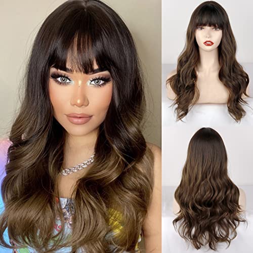 MERISIHAIR Long Wavy Dark Brown Wig With Bangs,Curly Brown Wigs For Women,Long Synthetic Wigs Heat Resistant