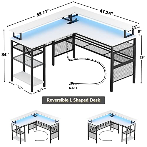 Reversible L Shaped Desk with Smart Features, Elegant Design, White Color