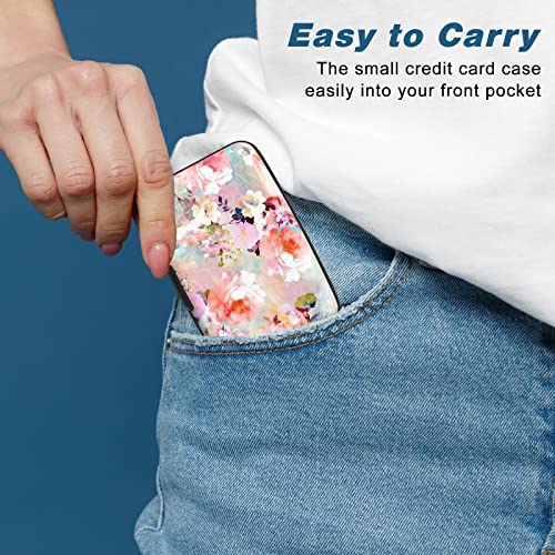 Image of Credit Card Holder, Mini Aluminum Card Wallet RFID Blocking Slim Metal Hard Card Case for Women Men, Pink Flowers