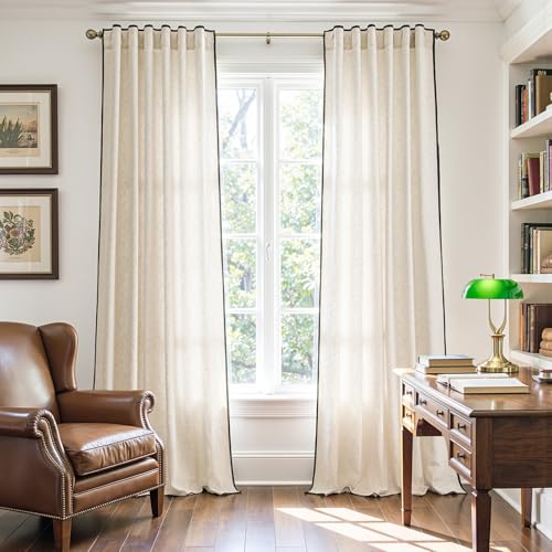 Image of jinchan Beige Linen Curtains with Black Trim Back Tab 50 x 96 Inch 2 Panels