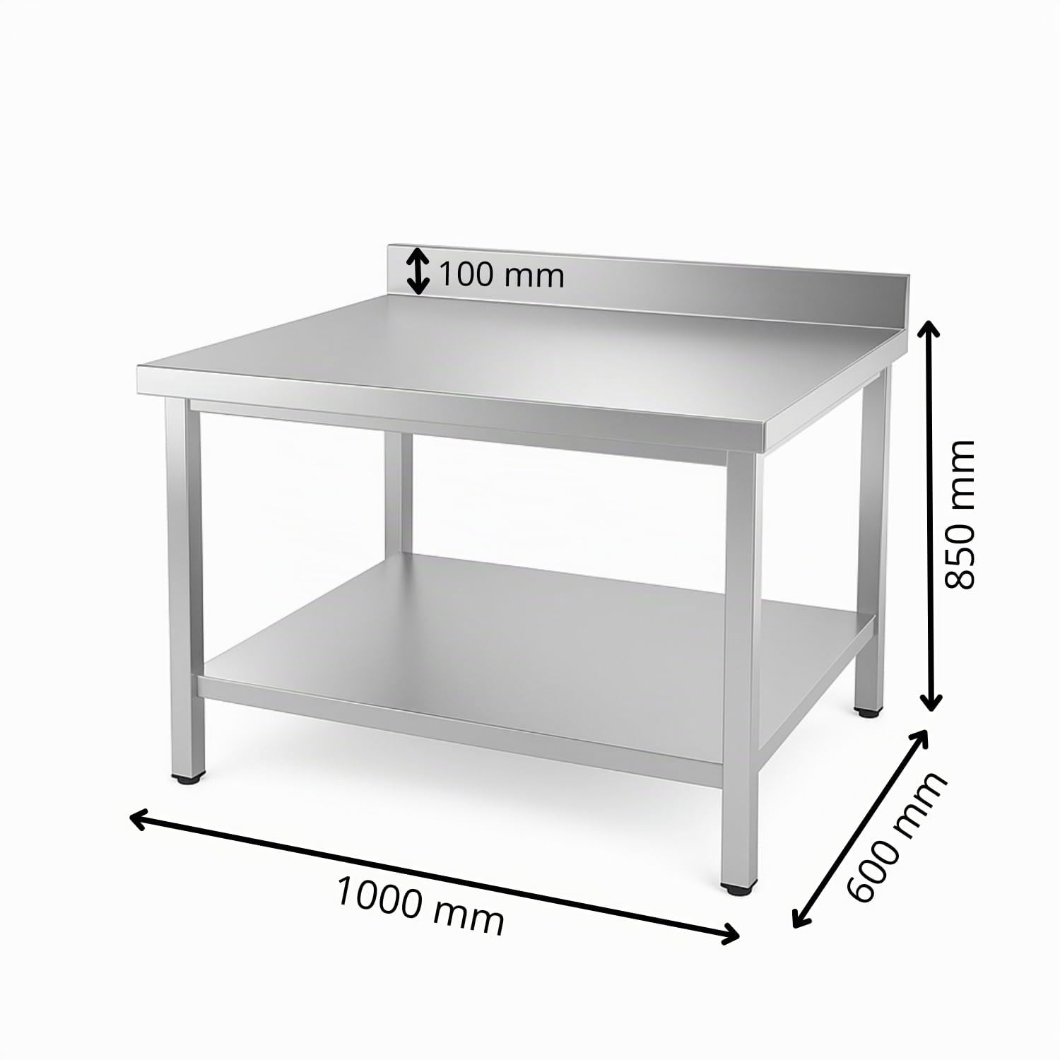Professional Stainless Steel Table – 1000 x 600 mm – Reinforced Top – Backsplash 100 mm – Storage Shelf – Load 150 kg