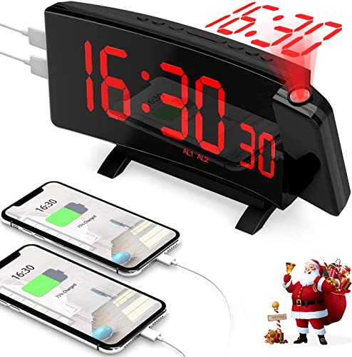Despertador Proyector Techo con 5 Niveles de Brillos, PEYOU Reloj Despertador Digital con Proyección de 180° Giratorio, Doble Puerto de Carga USB & Adaptador, Función Snooze 9 Min, Alarma Dual, 12/24H