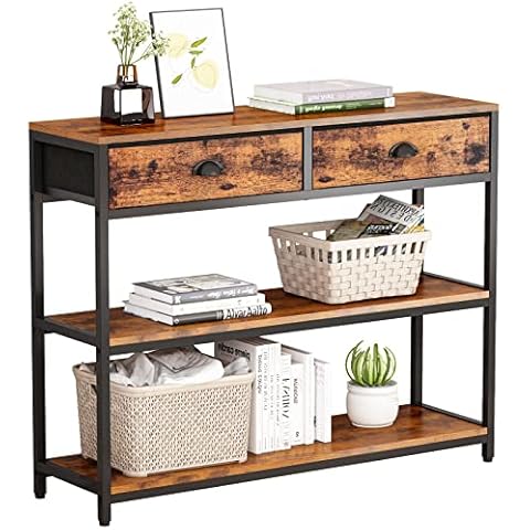 Furologee Console Table with 2 Drawers, Industrial Sofa Table, Entryway Table with 3-Tier Storage Shelves, Narrow Accent Table Metal Frame for Living Room/Entryway/Hallway, Rustic Brown Cover