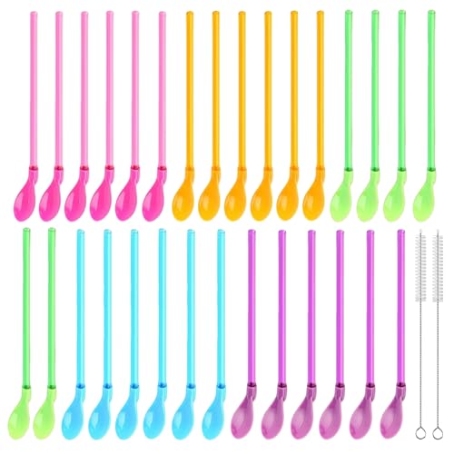 30 Stück Slush Ice Strohhalm mit Löffel, 2-in-1 Trinkhalme mit 2 Strohhalm Bürste, Wiederverwendbarer Löffelstrohhalme, Slush Strohhalme,...