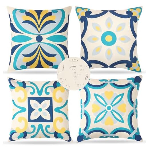 Dremisland Set di 4 Blu Federe Cuscini per Divano 45 x 45 Cuscini Impermeabili per Esterni Bohémien Estate Copricuscini Decorativi con Fiori Geometrici Copri Cuscini Divano per Balcone Patio