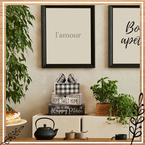 Image of Moucuny 4 Pcs Farmhouse Decor Black and White Farmhouse Tiered Tray Decorations Home Sweet Home Table Centerpiece Wooden Blessed Heart Rustic Checked Kitchen Decor and Accessories Block Sign for Shelf