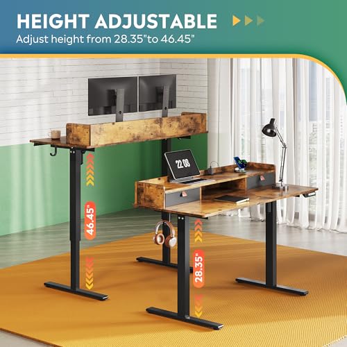 Image of DEVAISE 55 Inch Electric Standing Desk with Shelf, Adjustable Computer Desk for Home Office, with LED Touchscreen,Headphone Hook, 3 Memory Preset, with One-Piece Desktop, Rustic Brown