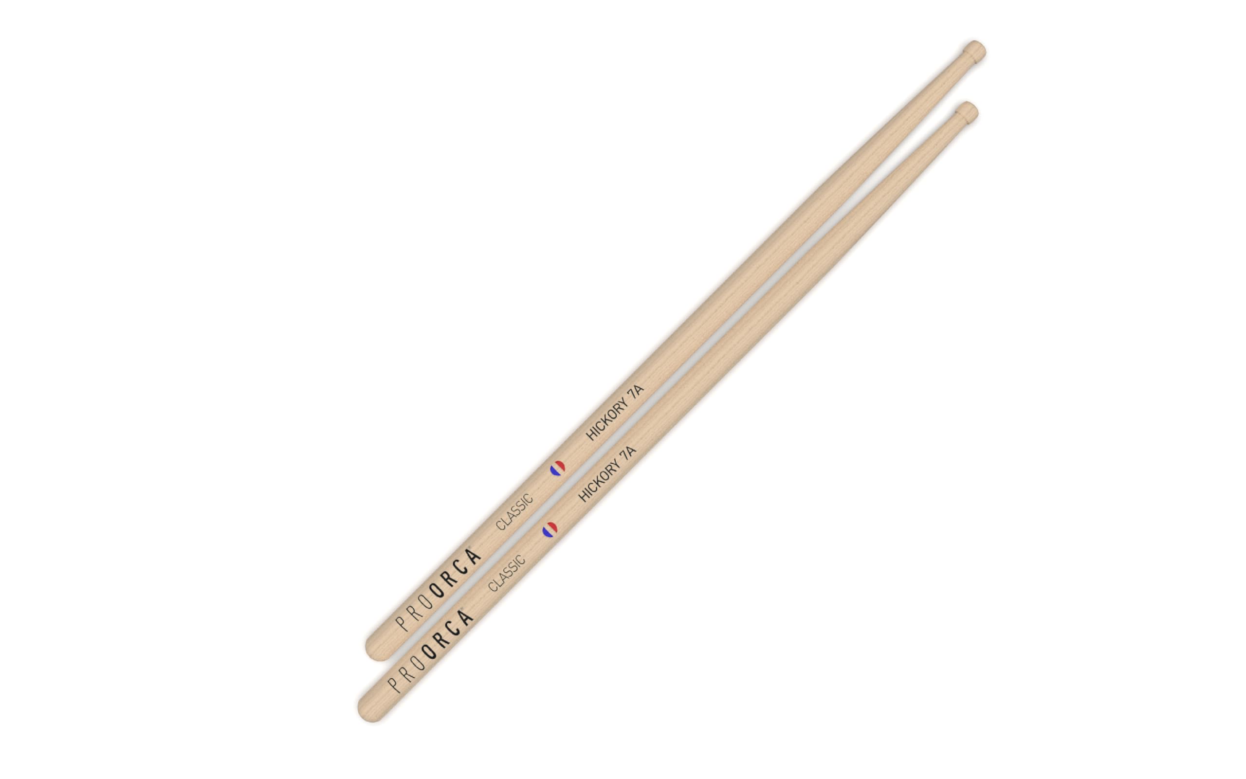 Baguettes de Batterie ProOrca 7A – Made in France, 100% Hickory Américain, Adhérence Naturelle, Contrôle Précis, Son Clair, Idéales pour Jazz, Pop et Styles Légers