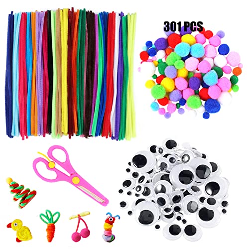 Fil Chenille Pompon Kit 301 Pièces Chenille Pompon Yeux Mobiles Autocollants Tiges de Fils Chenille colorés Cure-Pipes de Noël Tiges de Chenille pour Bricolage pour Les Jouets de Bricolage etc Cover