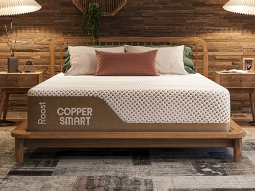 Image of ROOST SLEEP 14-Inch Cal King Mattress, Copper Smart Thermic Gel Cooling for Hot Sleepers & Back Pain Relief, Medium Firm Hybrid, Made in USA, CertiPUR-US Certified, Bed in a Box