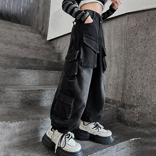 Girls Streetwear Denim Cargo Pants Elastic Waist Floor Length Baggy Wide Leg Jeans Washed Vintage Trousers Multi Pockets2