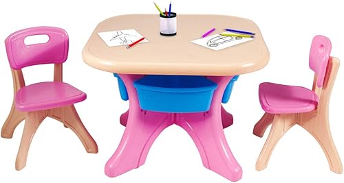 HONEY JOY Juego de mesa y silla para niños, mesa de actividades de plástico para niños y 2 sillas con contenedores de almacenamiento, juego de