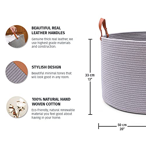 OrganiHaus Laundry Basket With Leather Handles, Extra Large Woven Cotton Rope Bin for Dirty Clothes Pillows & Towels - Image 2