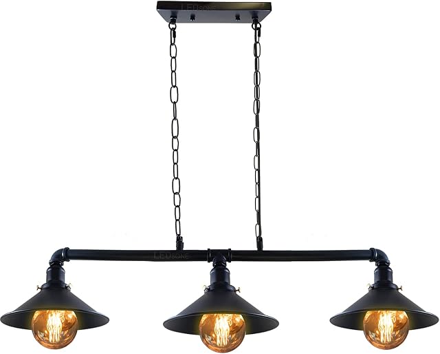 LEDSone Industrial 3 Way Vintage Retro Style Steampunk Pipe Light Bar with Lamp Shade Pendant Light Fitting Metal Pipe Lighting Ceiling Light