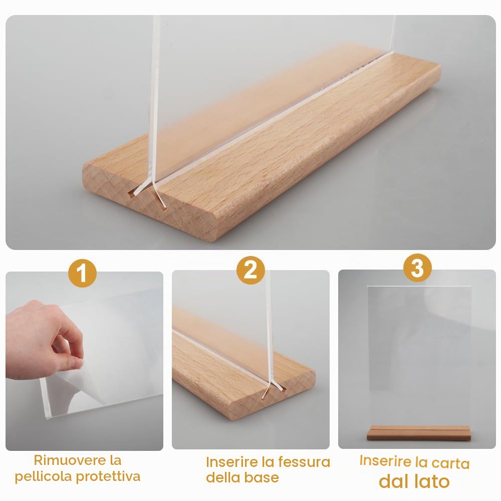 6 pezzi Espositore da Tavolo in Acrilico con Base in Legno Porta Listino A5 Supporto in Acrilico Trasparente, Verticale, Doppio Lato, per Poster, Volantini, Menù