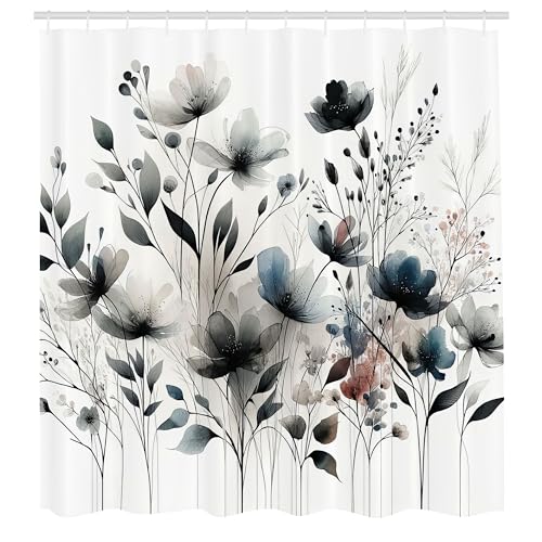 ABAKUHAUS Neutral Duschvorhang, Modernes & minimales sanftes Aquarell Gartenblumen blättrige Zweige, Stoffliches Gewebe Badezimmerdekorationsset mit Haken, 175 x 200 cm, Dimgray Schieferblau