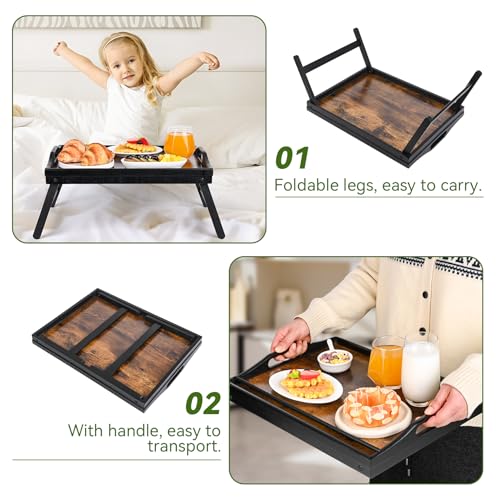 VASMIA Betttablett Tisch mit klappbaren Beinen, Bambus Frühstück im Bett Essen, Servieren, Laptop-Schreibtisch, Snack Tablett, mit Rille für Handy, 43 x 32 cm，Schwarz und Vintage Braun