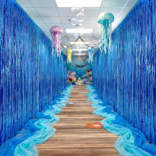 Fanfanwin 11 Pcs Under The Sea Party Decoration Kit Vbs 2026 Ocean Themed Party Decor Mermaid Birthday 8 Blue Foil Fringe Curtains 1 Pier Aisle Runner 2 Mesh Ocean Backdrop for Summer Classroom
