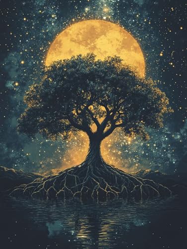 数字油絵 木 ペイントバイナンバー 月 ナンバーペイント, DIY 絵 デジタル油絵 キット 初心者向け 簡単 Paint by Numbers ブラシとアクリル絵の具が入 手塗り DIY絵 オフィス インテリア リビング装飾, 女性へのギフト 50x70