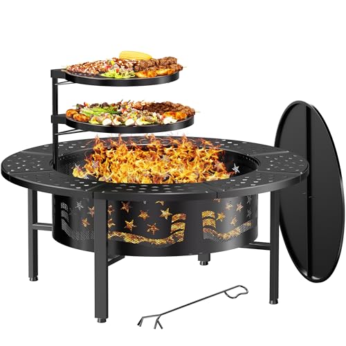 PrimeZone 42' Outdoor Fire Pit with 2 Grills - Wood Burning Firepit for Outside with Cover & Poker, Heavy Duty Metal Fire Pit Large Round Fireplace for Patio, Backyard, Picnic, Camping, Bonfire