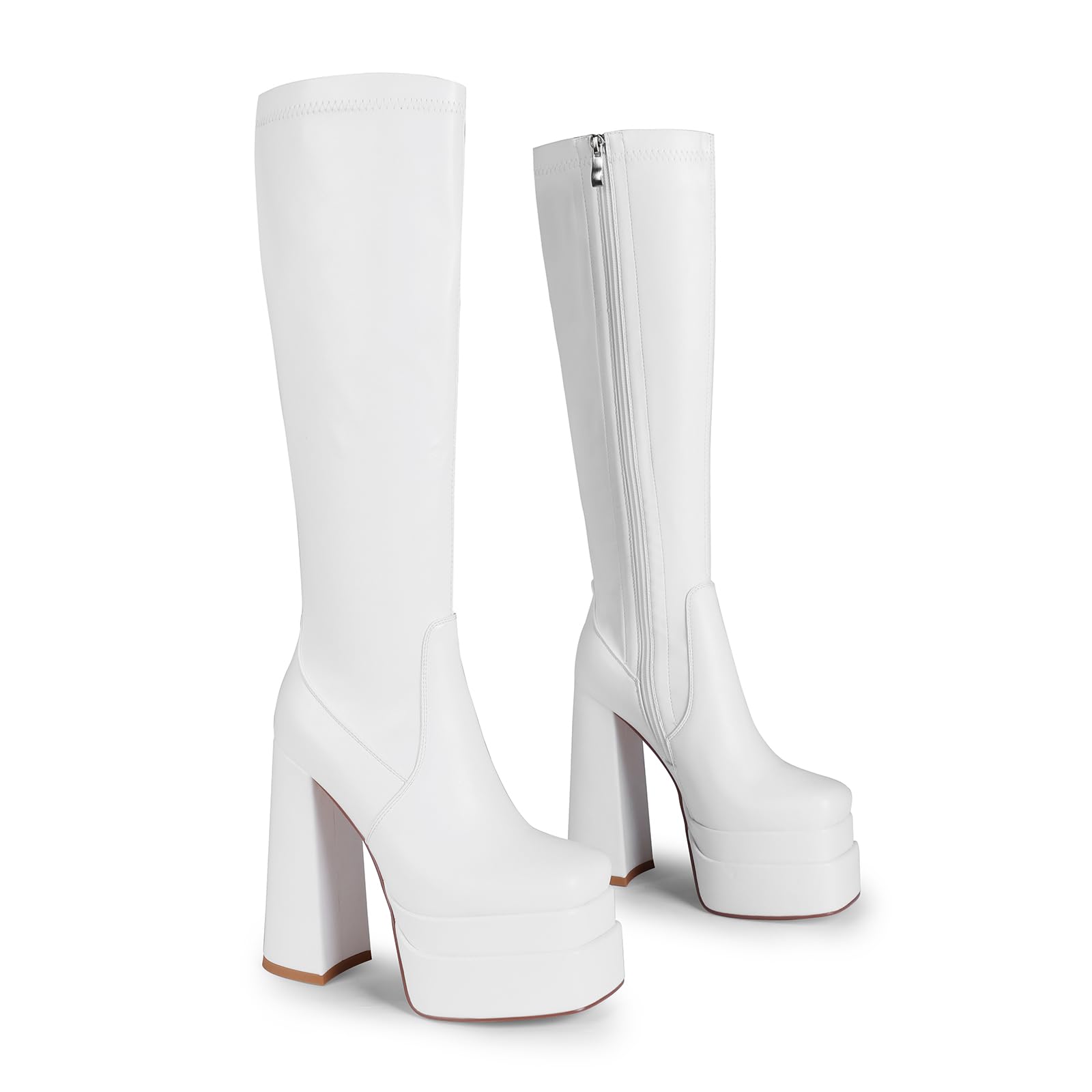 wetkiss Platform Knee High Boots Women Chunky Heel Gogo Boots with Full Side Zipper-Stretchy Party Festival Boots for Cosplay, Costume, Halloween & Costume Events-Not for Wide Calf: 8 Matte White