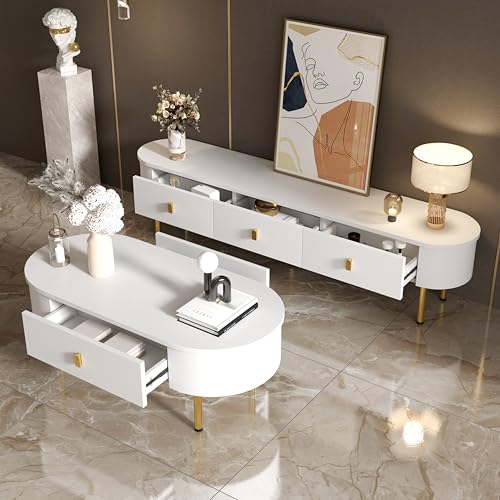 Oxtao Combinazione leggera di lusso per TV, tavolino da salotto, con cassetti, angoli arrotondati, bianco (mobile TV + caffè)
