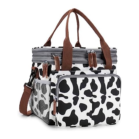 MOV COMPRA Lunch Bag for Women Men Double Deck Expandable Lunch Box,Large Lunch Bags,Leakproof Lunch Box Cooler Bag（Cow Print） Cover