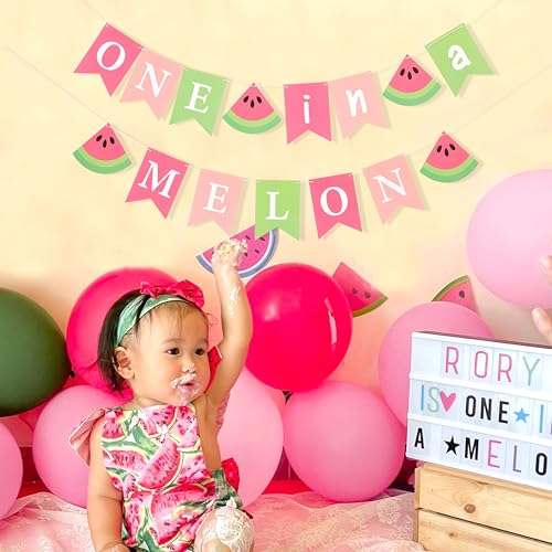 Image of One In A Melon Banner - Summer Sweet Birthday Decorations, Watermelon 1st Birthday, First Party Photo Props, Watermelon Theme Wall Hanging Decorations (One in a Melon Banner)