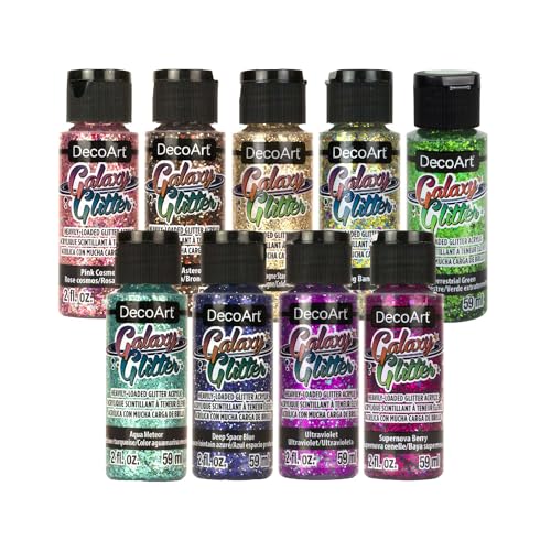 DecoArt Galaxy Glitter Acrylic Paint Set 9 Bottles (2 fl oz) Bright Multicolor Glitter Paints for Crafting Art Projects & Creative DIY Crafts