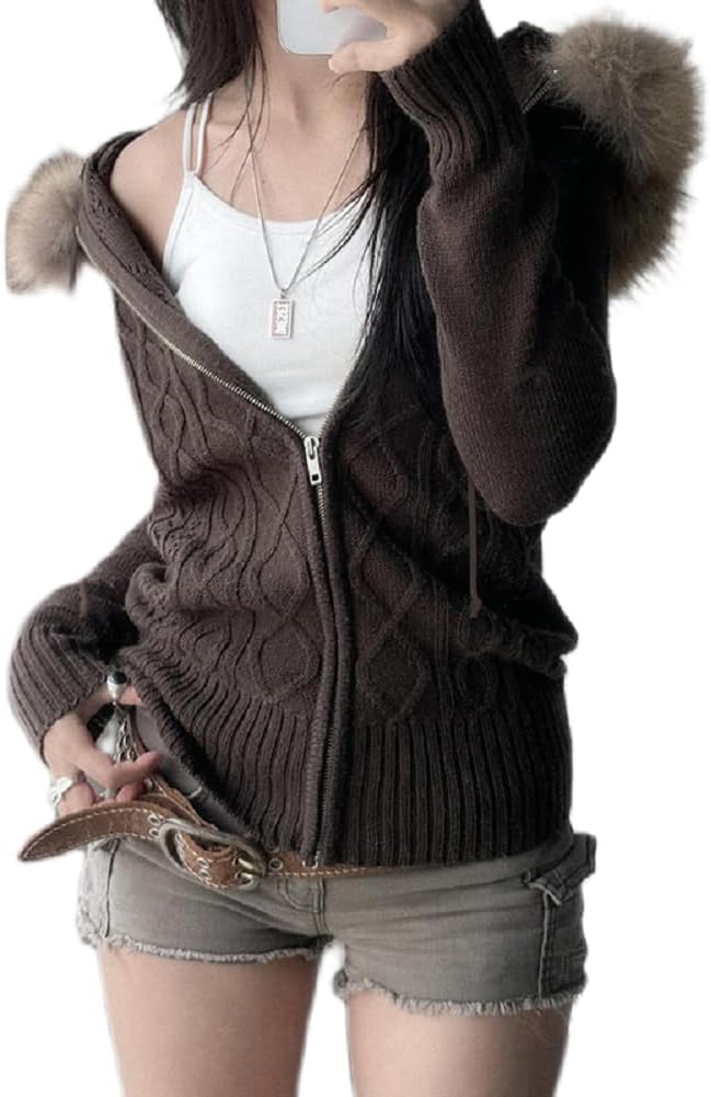 Women Zip Up Knit Hoodies Y2K Long Sleeve Cropped Jacket Coat with Fur Trim Hooded Grunge 00s Sweatshirt