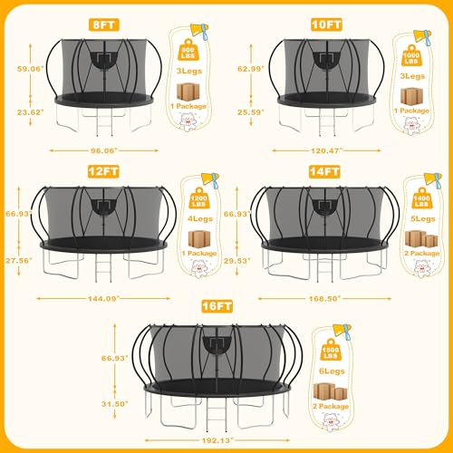 1500LBS Tranpoline Outdoor 8 10 12 14 16FT Tranpoline for Kids and Adults,【Easy to Install & Built to Last】 Recreational Tranpolines with Net, Light+Sprinkler, Basketball Hoop, ASTM Approved