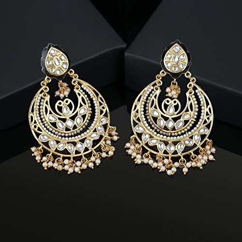 Estele Gold Plated Gorgeous Kundan Chandbali Earrings with Pearl for Women - Image 2