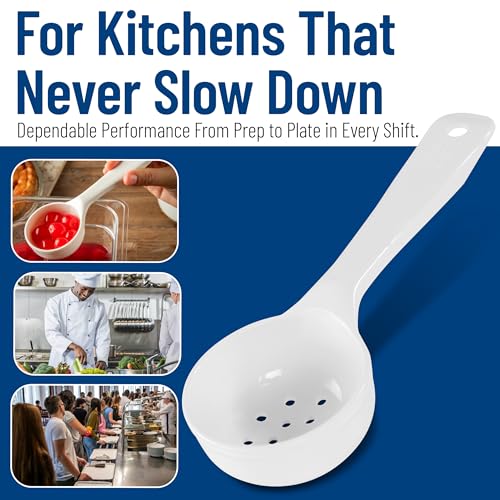 Image of Carlisle FoodService Products 8 inch 3 oz Perforated Portion Control Spoon - Short Handle spoon - Flat Bottom spoon, Dishwasher Compatible, White